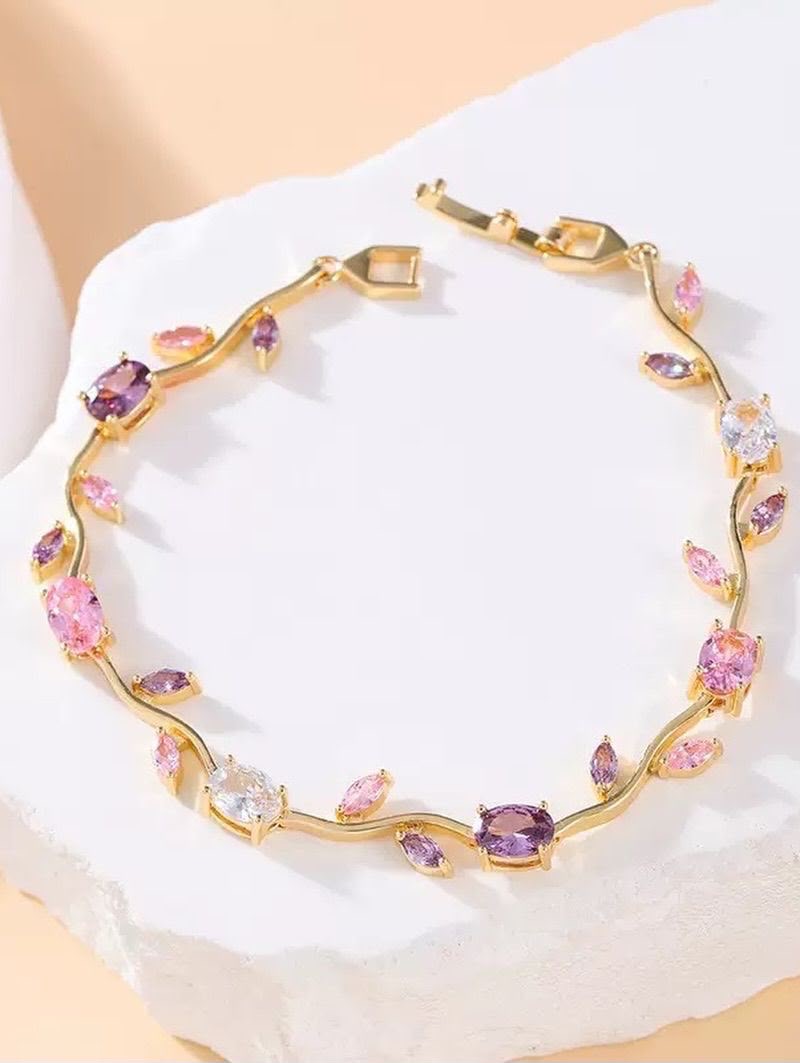 Enchanted Blossom Crystal Bracelet | Gold Plated Pink & Purple Zircon Bracelet
