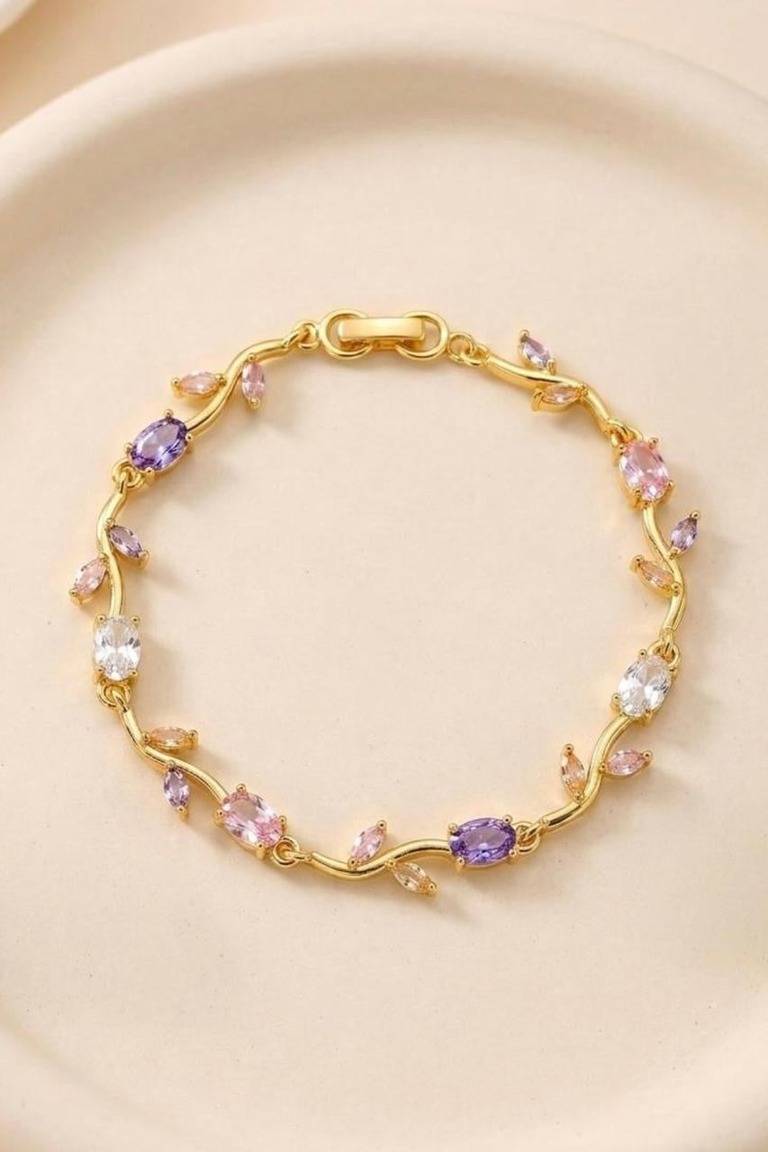 Enchanted Blossom Crystal Bracelet | Gold Plated Pink & Purple Zircon Bracelet